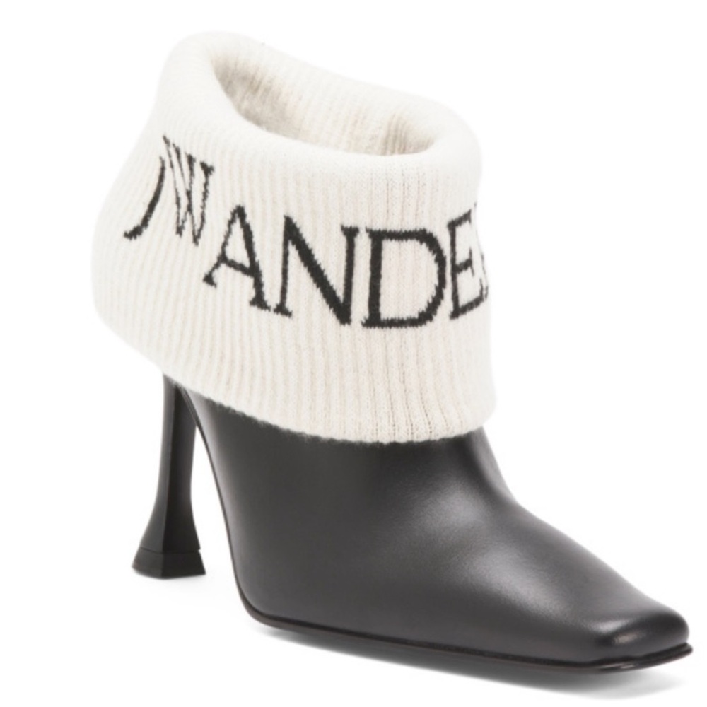 JW Anderson Black Leather Boots with Cream Knit Cuff